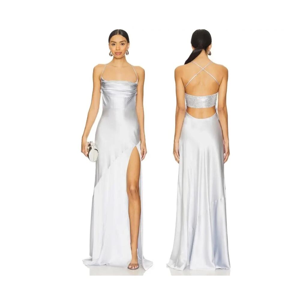 NWT Retrofete Emery Embellished Silk Maxi Dress Dove Silver Size M $798